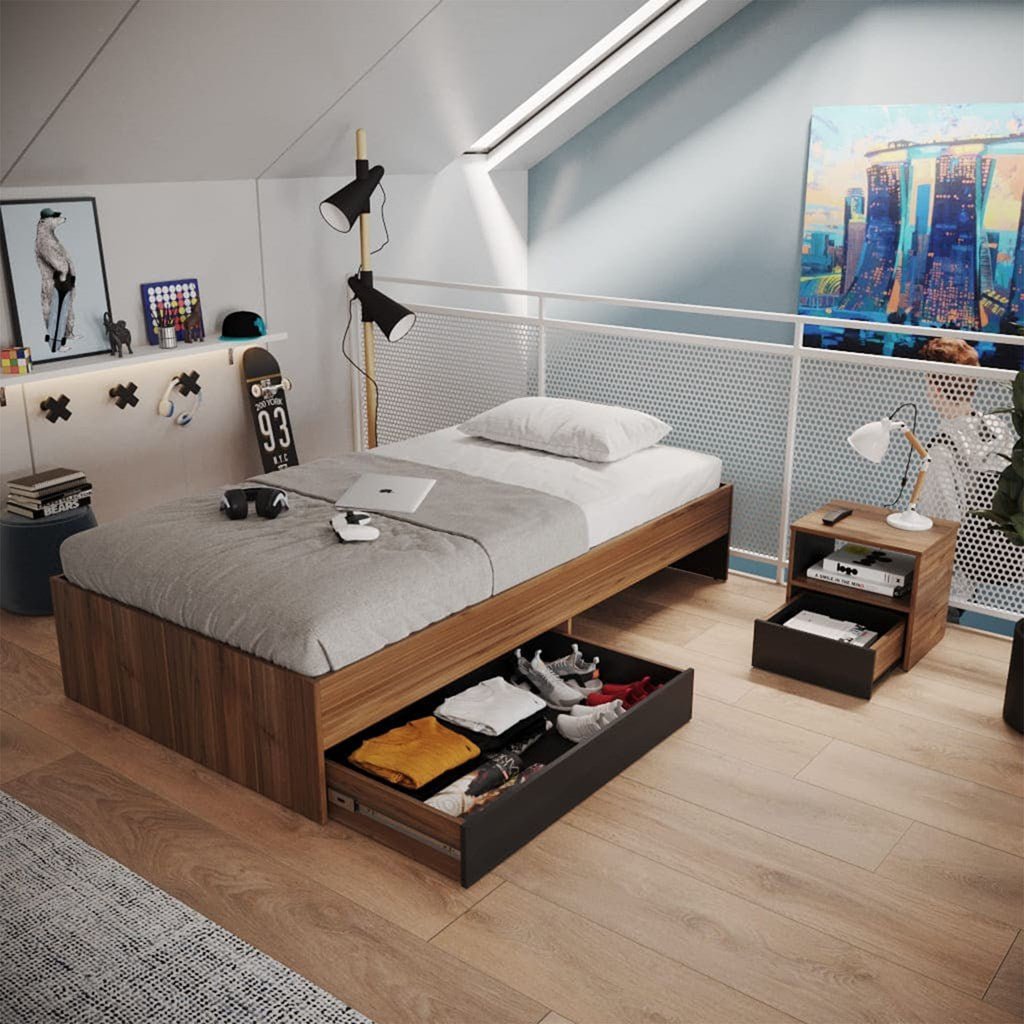 Combo Cama y Mesa de Noche Gales 104.4x36cm para Colchón Sencillo 100 X 190 Cm - Camas | Bylmo