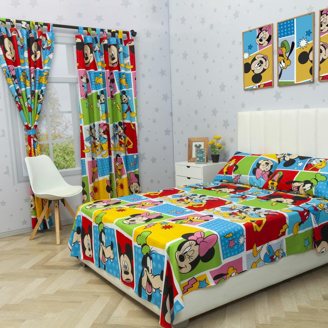 Combo Juego de Sabanas y Cortina Infantil Microfibra Doble 140 cm Blanco de Mickey y Sus Amigos - Ropa de Cama | Bylmo