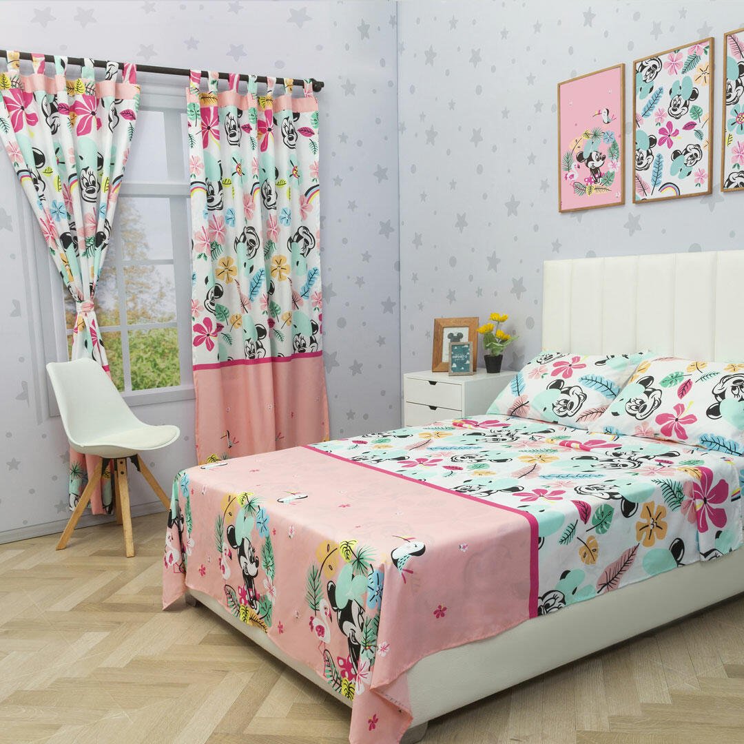 Combo Juego de Sabanas y Cortina Infantil Microfibra Doble 140 cm Blanco y Rosado de Minnie - Ropa de Cama | Bylmo