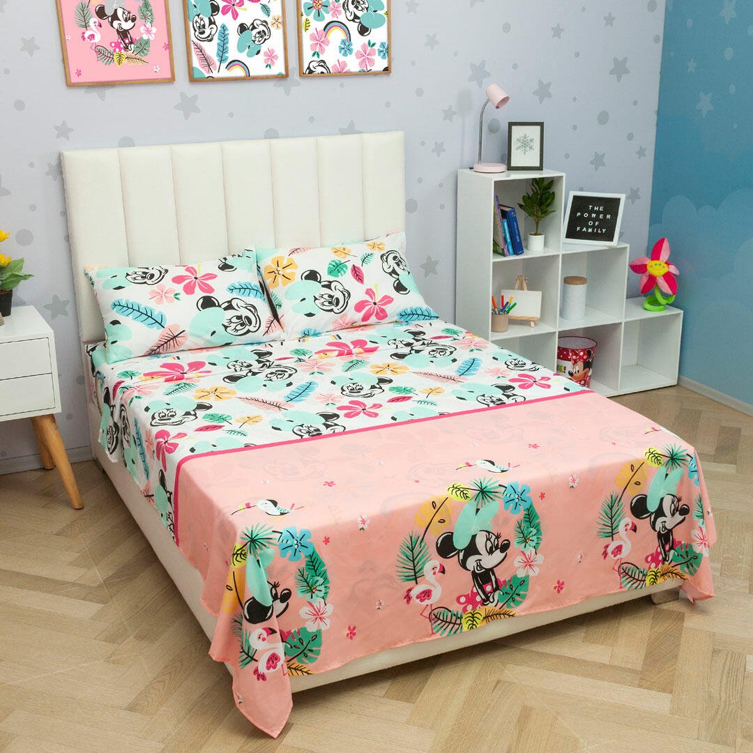 Juego de Sabanas Infantil Microfibra Semidoble 120 cm Blanco y Rosado de Minnie - Ropa de Cama | Bylmo