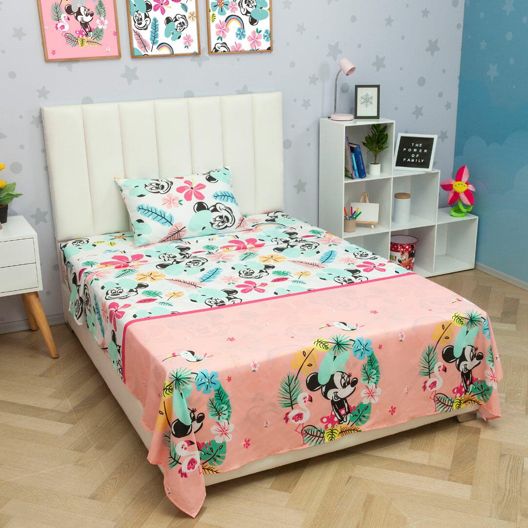 Juego de Sabanas Infantil Microfibra Sencilla 100 cm Blanco y Rosado de Minnie - Ropa de Cama | Bylmo