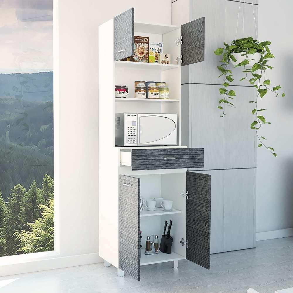 Mueble Microondas Caribe Roble Gris y Blanco 62 cm con Cuatro Puertas, Un Cajón y Entrepaño - Muebles Organizadores | Bylmo