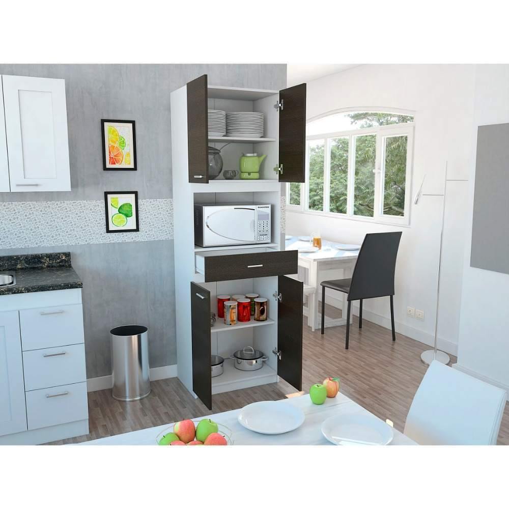 Módulo Para Microondas Bau Blanco y Wengue 62x196cm con Un Entrepaño y con Cuatro Puertas - Muebles Organizadores | Bylmo