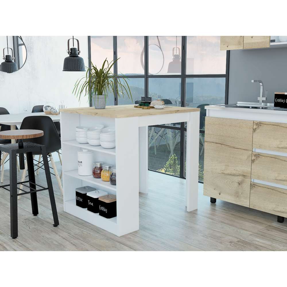 Mesa Auxiliar de Cocina Tanna Blanco y Duna 79x91.3cm con Dos Entrepaños y con Tres Comportamientos - Muebles Organizadores | Bylmo
