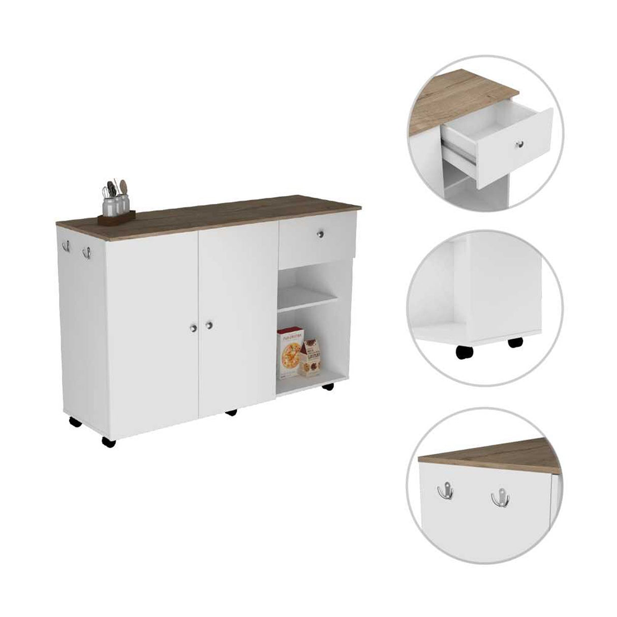 Mesa Auxiliar de Cocina Victoria Blanco y Duna 136x92cm con Tres Entrepaños y con Seis Comportamientos - Muebles Organizadores | Bylmo