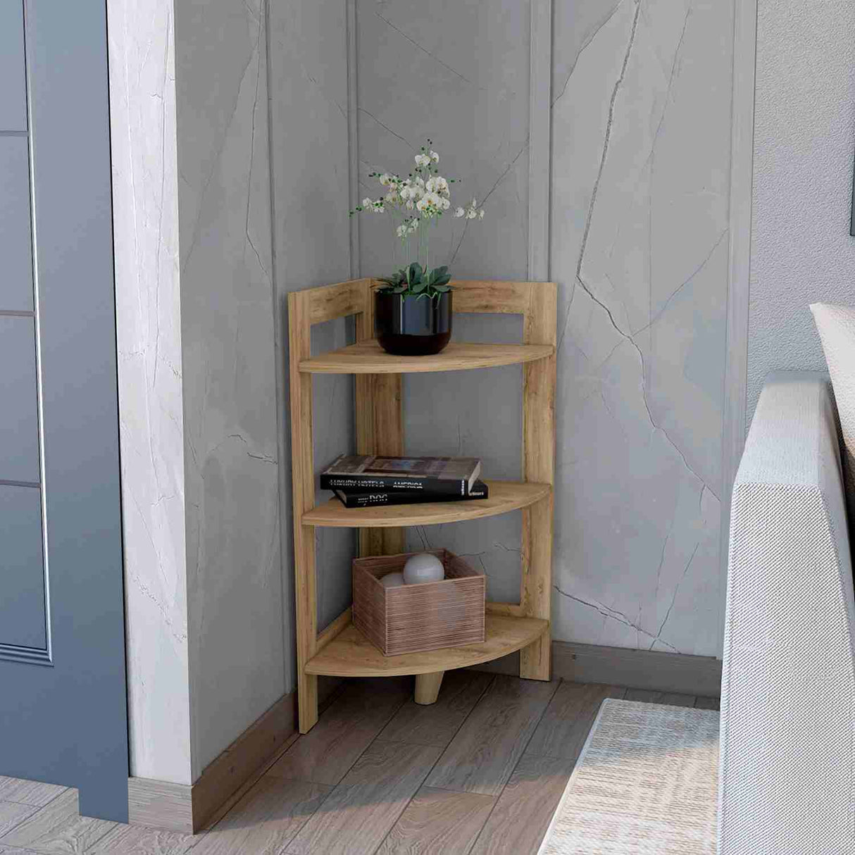 Mesa Auxiliar RIGA Macadamia 39 cm Rectangular Arqueado Esquinera con Tres Entrepaños - Mesas Auxiliares | Bylmo