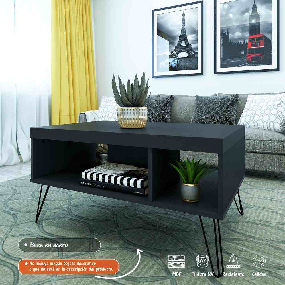 Mesa de Centro Liberty Negro 91x46.5cm Rectangular con Patas y con Compartimientos - Mesas | Bylmo