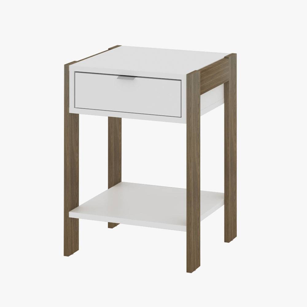 Mesa de Noche Alicante Blanco y Teca 39x54.3cm con Un Cajón y con Un Compartimiento - Mesas de Noche | Bylmo