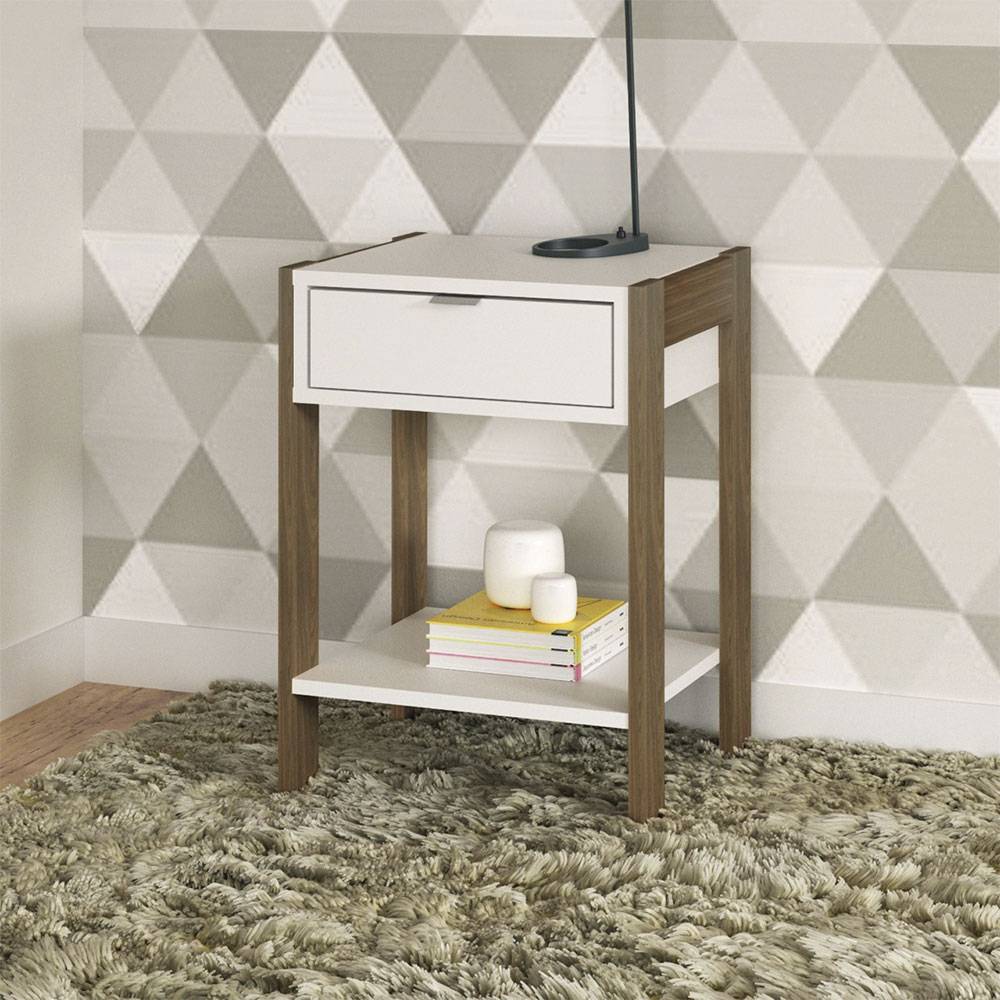 Mesa de Noche Alicante Blanco y Teca 39x54.3cm con Un Cajón y con Un Compartimiento - Mesas de Noche | Bylmo