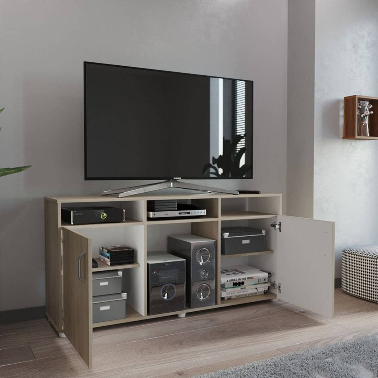 Mesa para TV Urban Ceniza 140x70cm Para TV Hasta 60 Pulgadas con Dos Cajones y con Patas - Muebles de TV | Bylmo