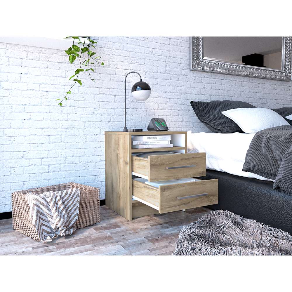 Mesa de Noche Eter Macadamia 40x50.7cm con Dos Cajones y con Un Compartimiento - Mesas de Noche | Bylmo