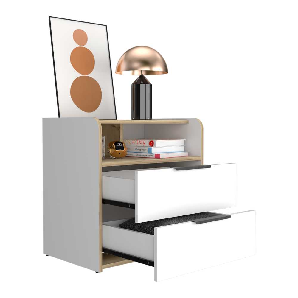 Mesa de Noche Logan Blanco y Duna 60 cm con Dos Cajones - Mesas de Noche | Bylmo