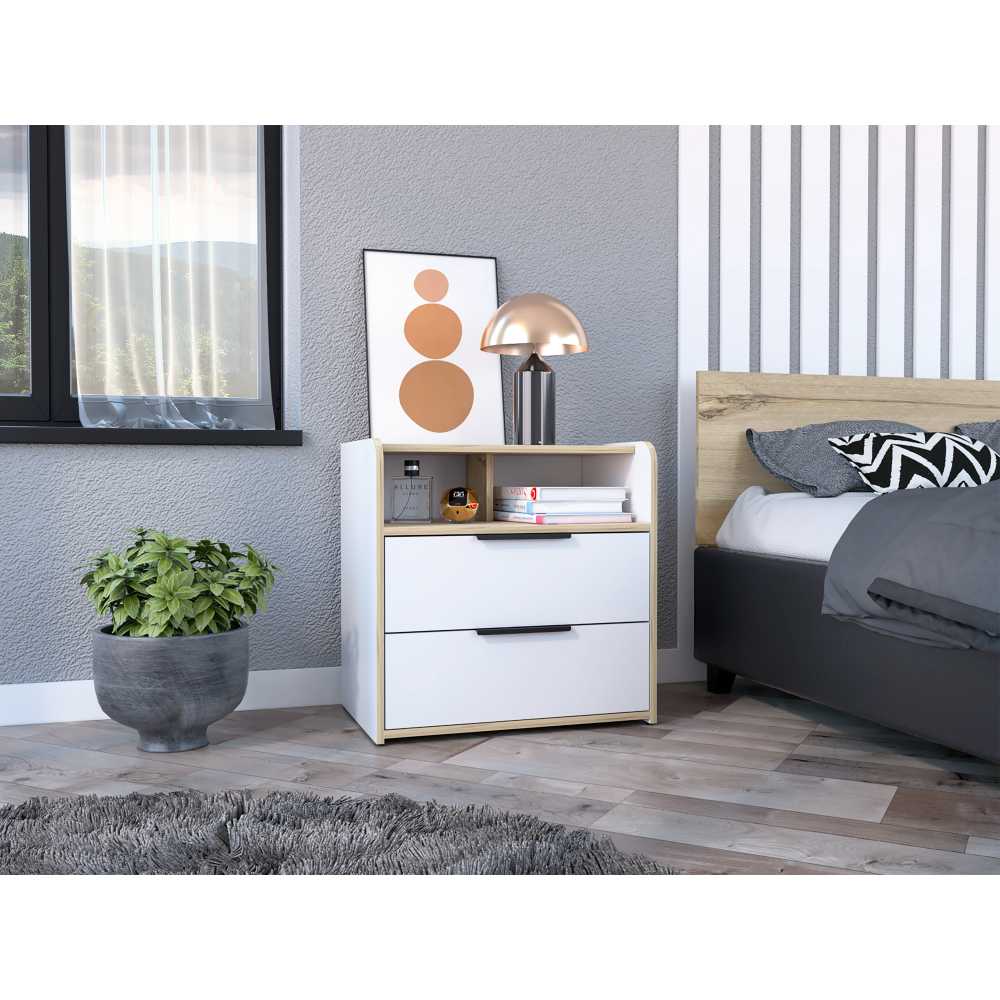 Mesa de Noche Logan Blanco y Duna 60 cm con Dos Cajones - Mesas de Noche | Bylmo