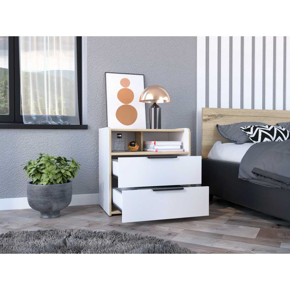 Mesa de Noche Logan Blanco y Duna 60 cm con Dos Cajones - Mesas de Noche | Bylmo