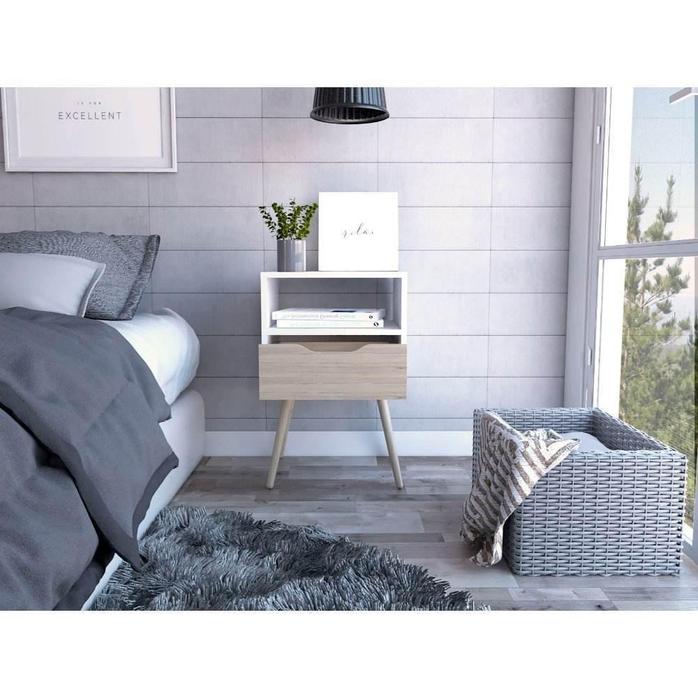 Mesa de Noche Oton Blanco y Rovere 40x53cm con Un Cajón - Mesas de Noche | Bylmo