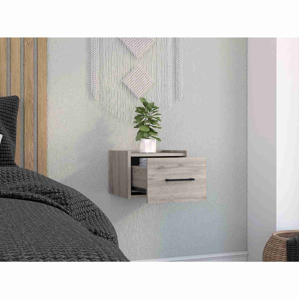 Mesa de Noche Flotante Boa Ceniza 35x25cm con Un Cajón - Mesas de Noche | Bylmo