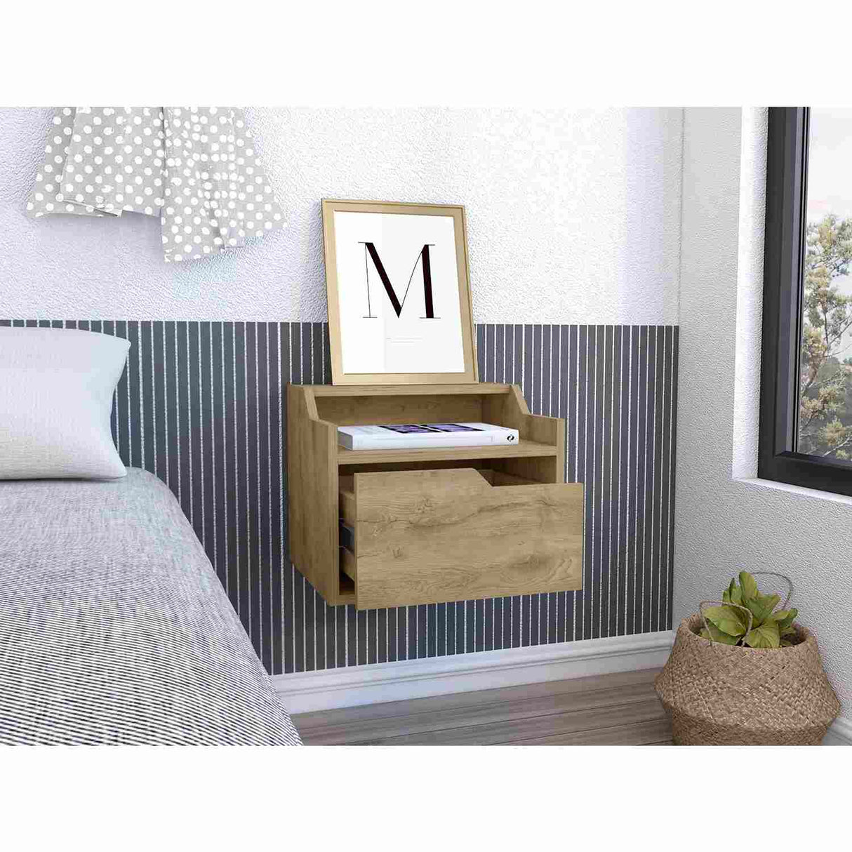 Mesa de Noche Flotante Busan Macadamia 40x33cm con Un Cajón y con Un Compartimiento - Mesas de Noche | Bylmo
