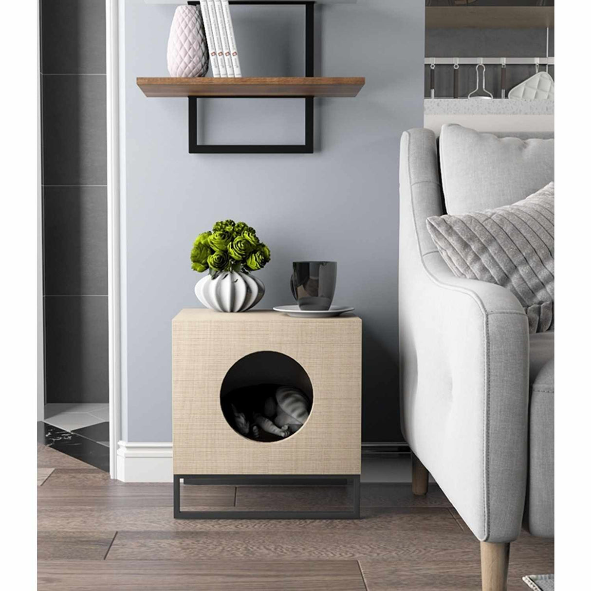 Mesa de Noche Catscape 40 cm Caramelo Y Blanco con Espacio para Gatos - Muebles para Mascotas | Bylmo