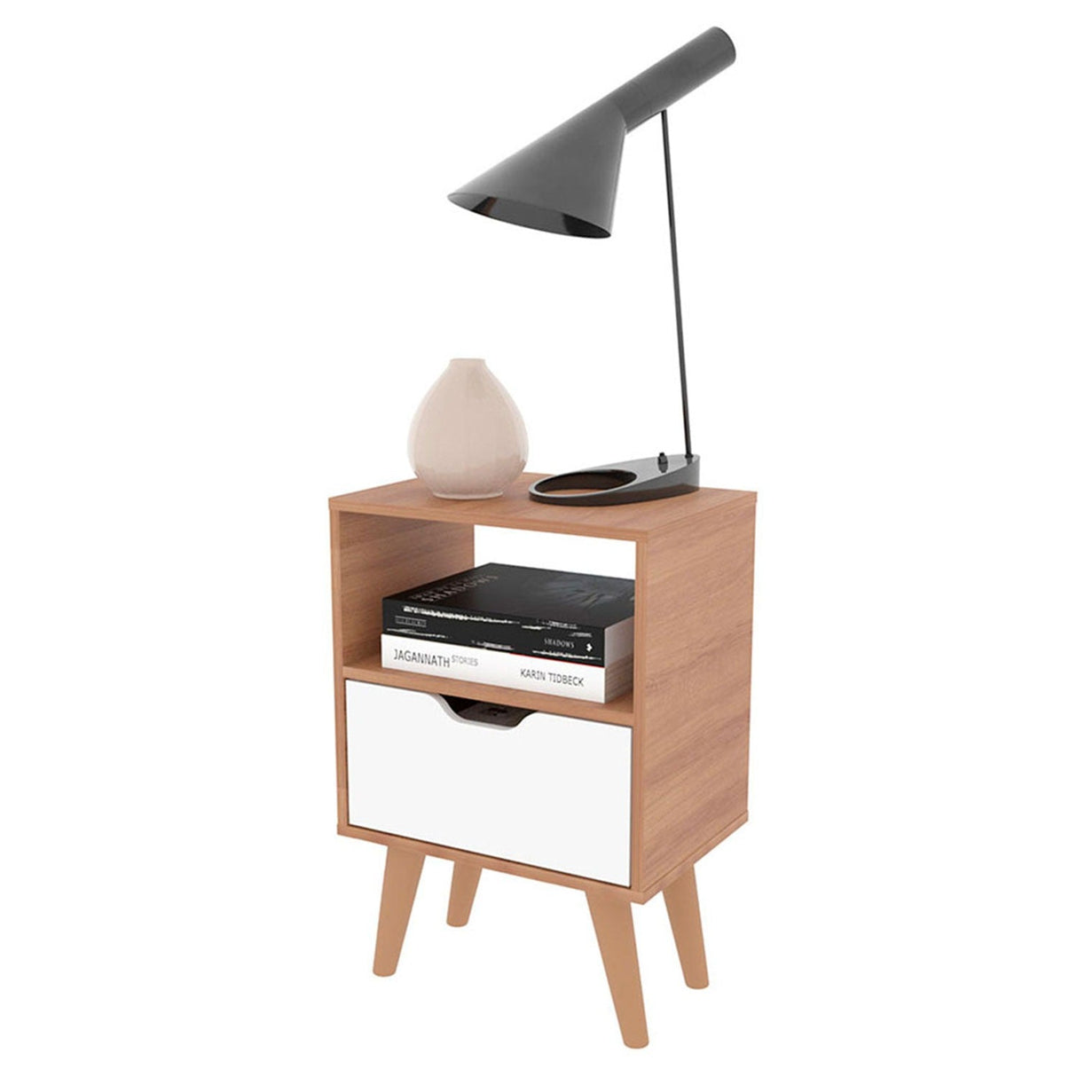 Mesa de Noche Essen Almendra y Blanco 36x54cm con Un Cajón y con Un Compartimiento - Mesas de Noche | Bylmo