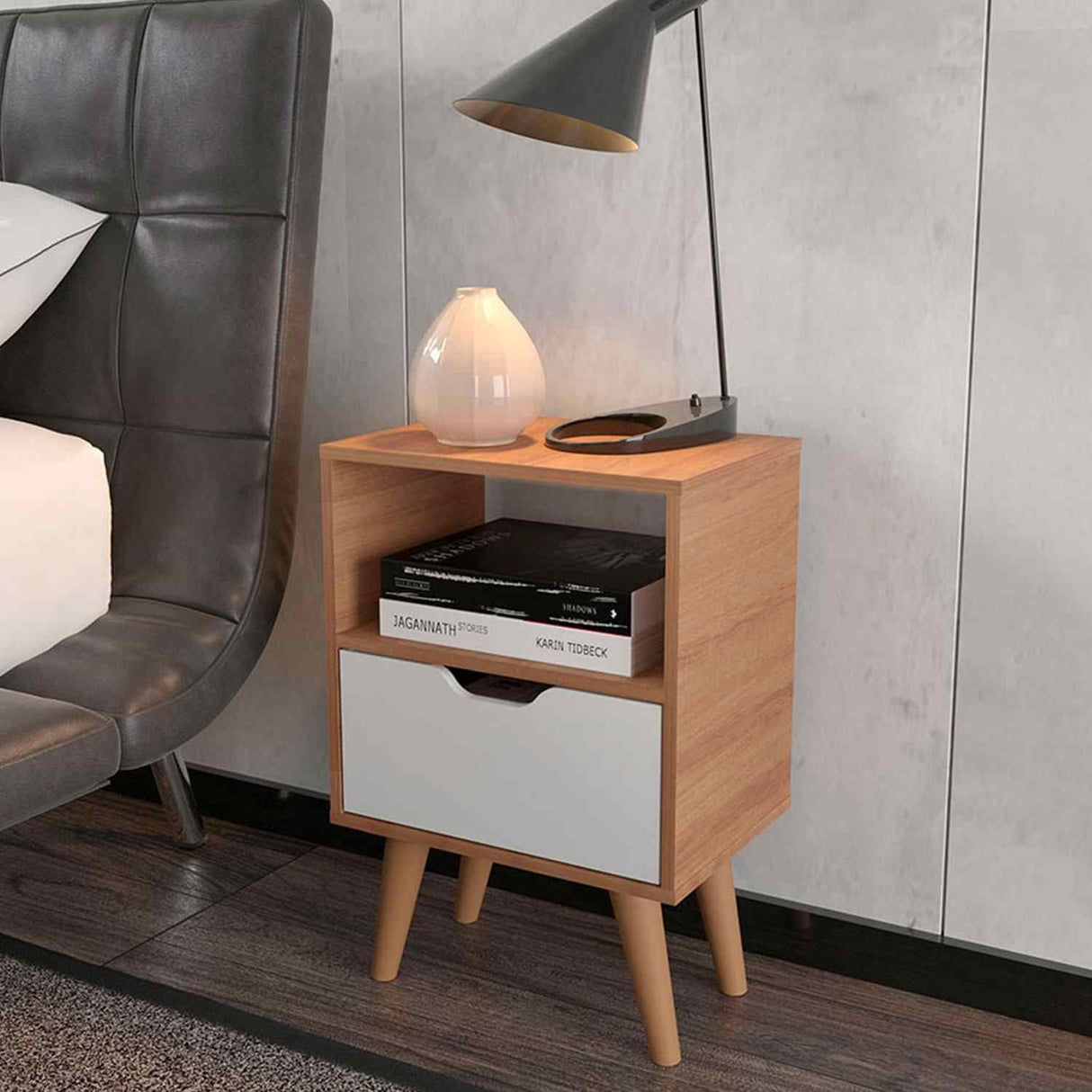 Mesa de Noche Essen Almendra y Blanco 36x54cm con Un Cajón y con Un Compartimiento - Mesas de Noche | Bylmo