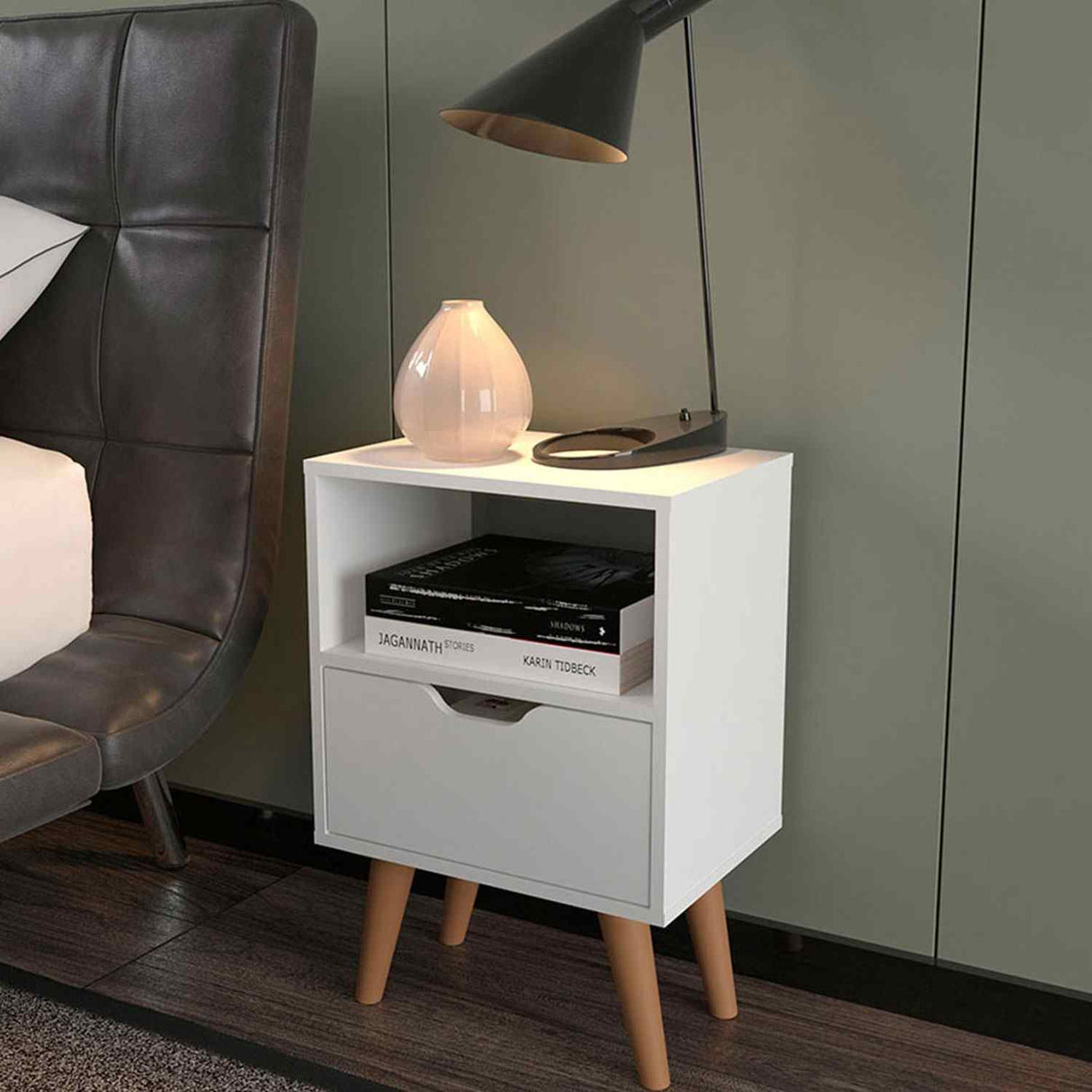 Mesa de Noche Essen Blanco 36x54cm con Un Cajón y con Un Compartimiento - Mesas de Noche | Bylmo