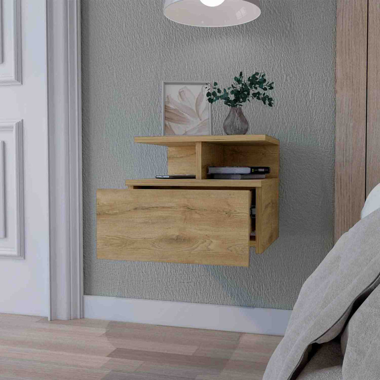 Mesa de Noche Flotante Z Plus Macadamia 36x30cm con Un Cajón y con Dos Compartimientos - Mesas de Noche | Bylmo
