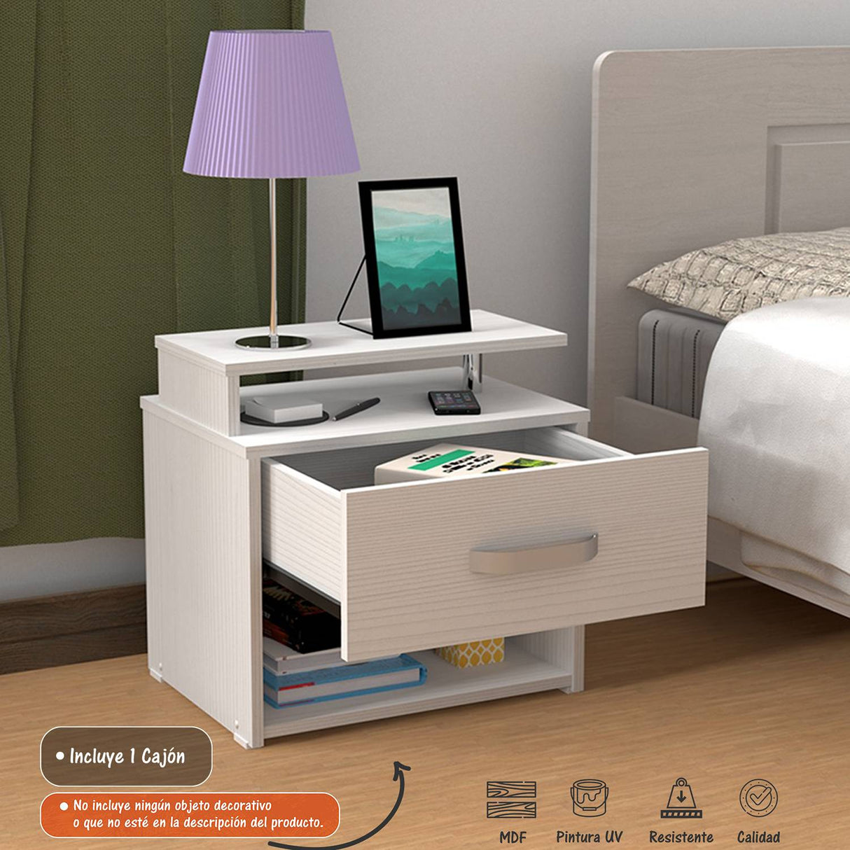 Mesa de Noche Roma Blanco 48x47cm con Un Cajón y con Un Compartimiento - Mesas de Noche | Bylmo