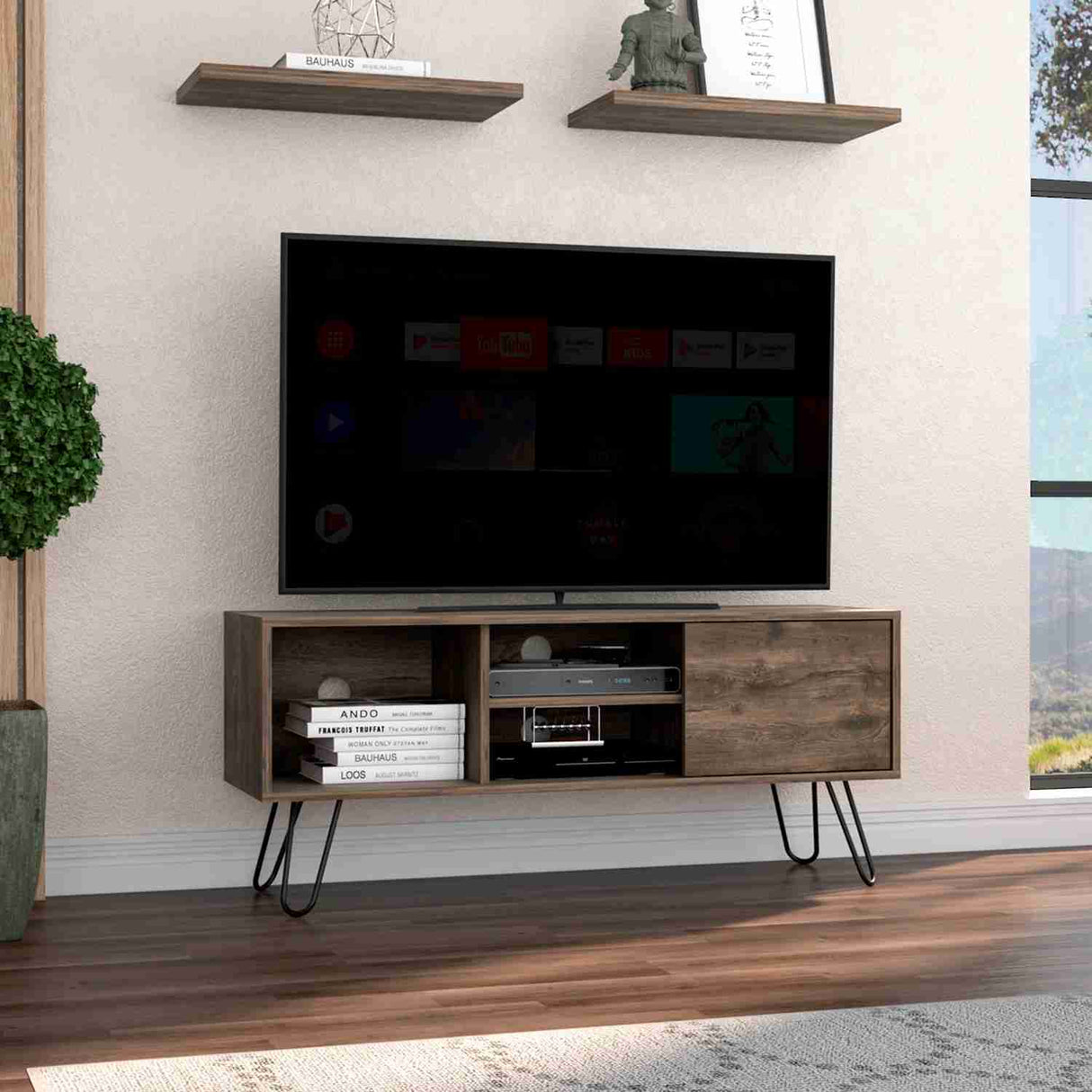 Mesa para TV Andorra Bellota 115x50cm Para TV Hasta 50 Pulgadas con Un Cajón con Ranuras para Cables y con Patas - Muebles de TV | Bylmo