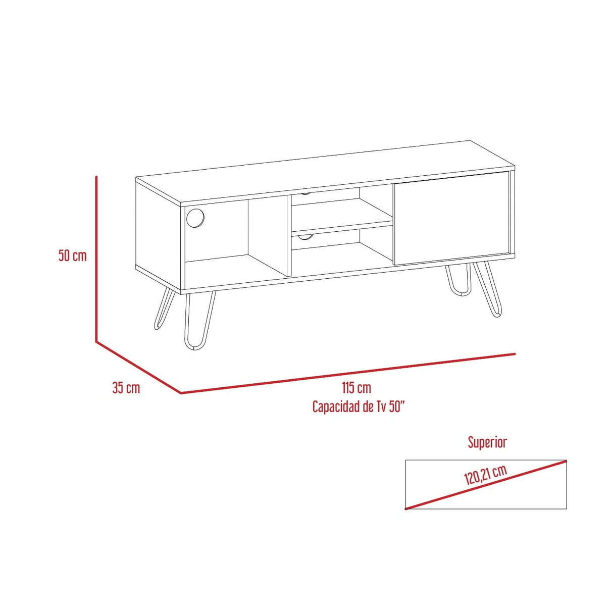 Mesa para TV Andorra Bellota 115x50cm Para TV Hasta 50 Pulgadas con Un Cajón con Ranuras para Cables y con Patas - Muebles de TV | Bylmo