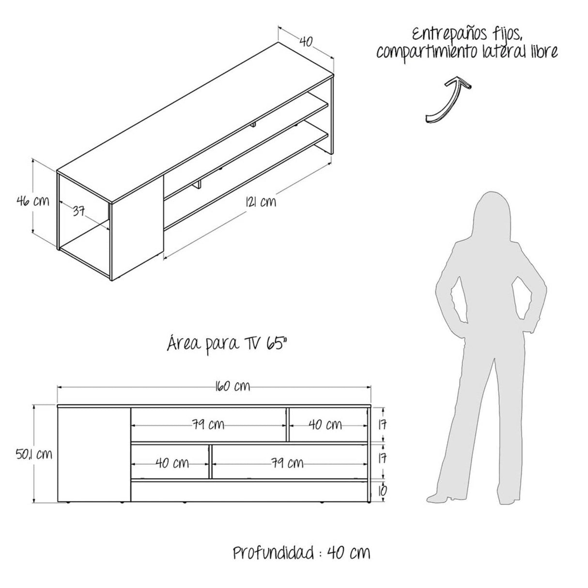 Mesa para TV Flat Duna 160x40cm Para TV Hasta 65 Pulgadas sin Cajones - Muebles de TV | Bylmo