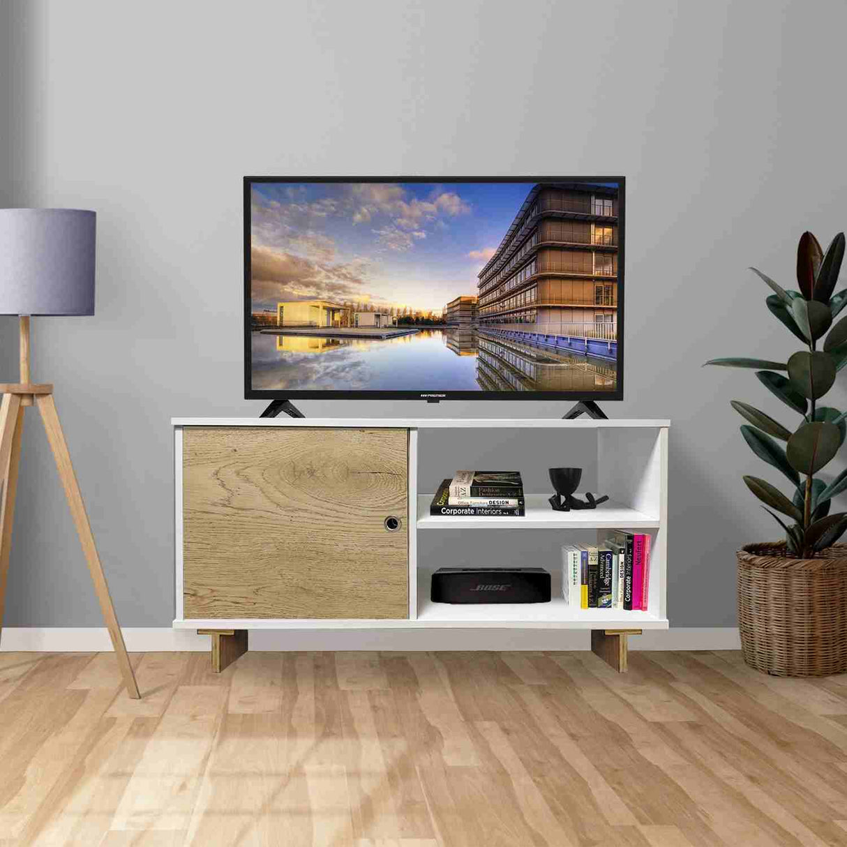 Mesa para TV Flow Duna y Blanco 110 cm con Cajon y Entrepaño para TV Hasta 50 Pulgadas - Muebles de TV | Bylmo
