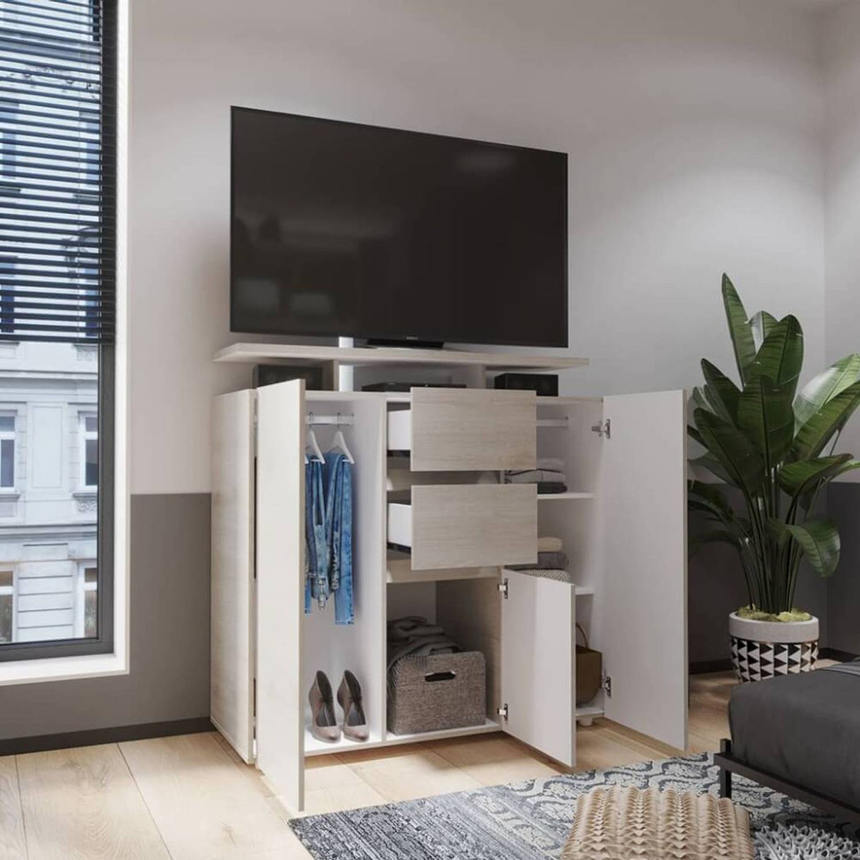 Mesa para TV Fosco Ceniza 120.9x122cm Para TV Hasta 47 Pulgadas con Tres Cajones y con Patas - Muebles de TV | Bylmo