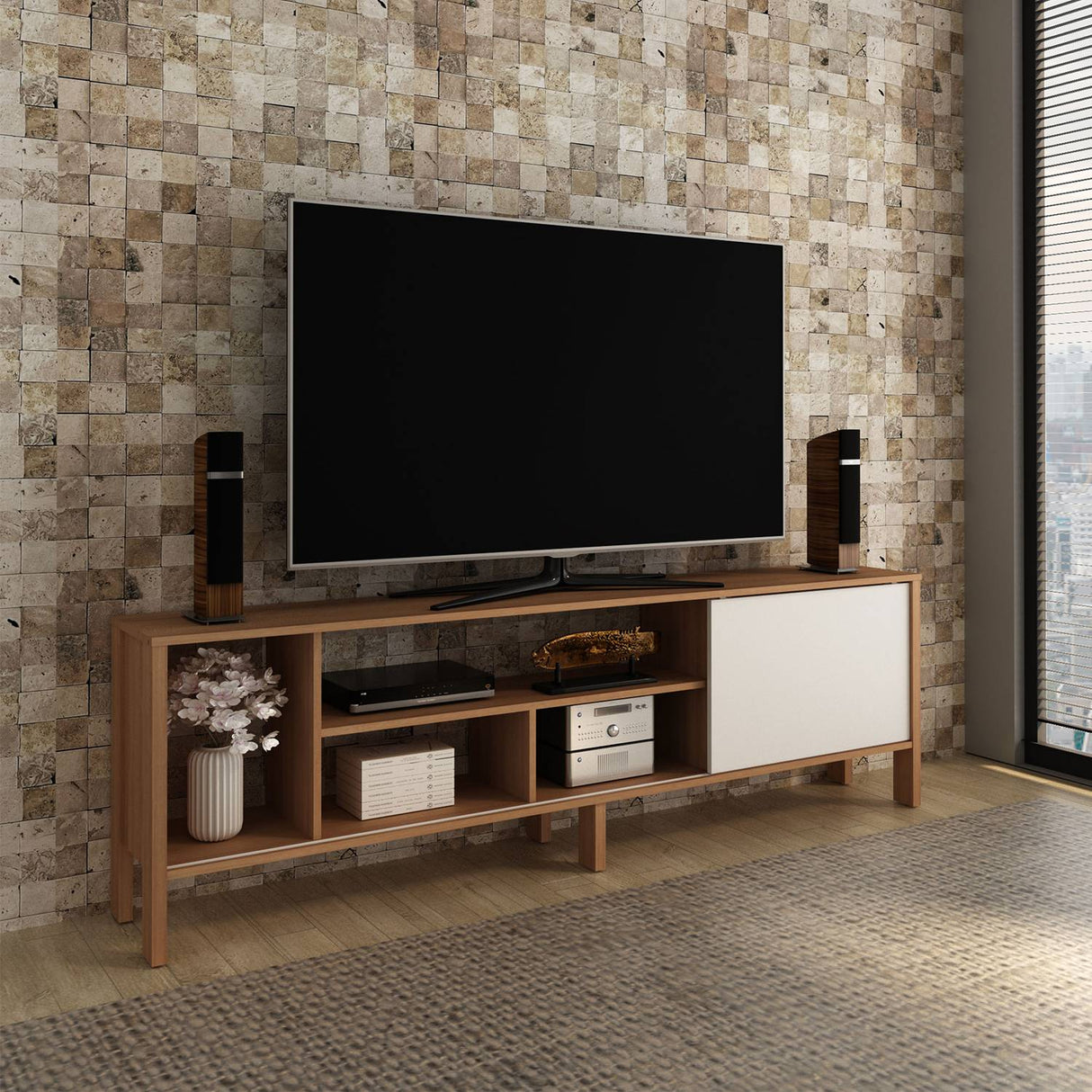 Rack Inmaculada Almendra y Blanco 183 cm con Una Puerta - Muebles para TV | Bylmo