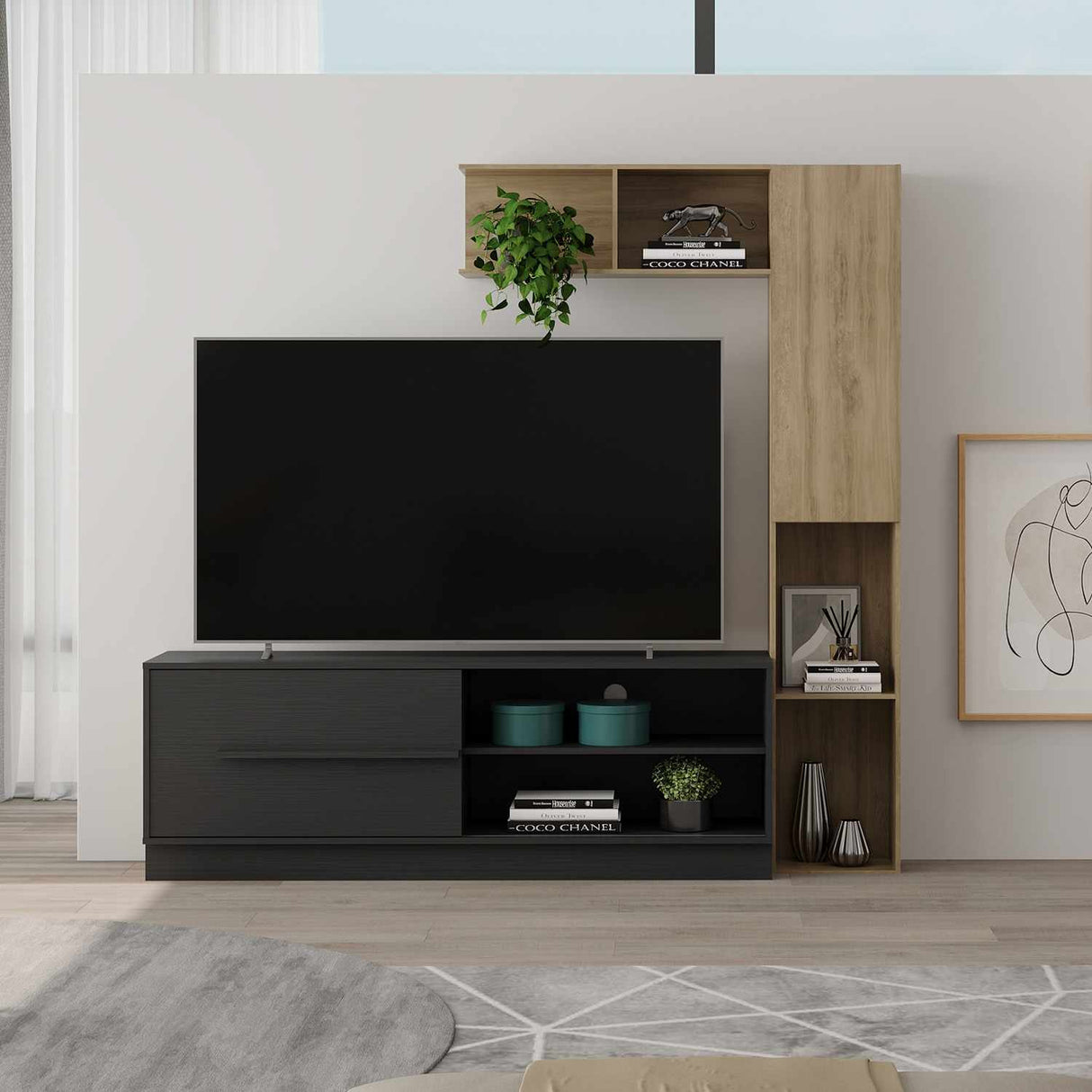 Mesa para TV Noce y Negro 43x4cm Para TV Hasta 60 Pulgadas sin Cajones - Muebles de TV | Bylmo