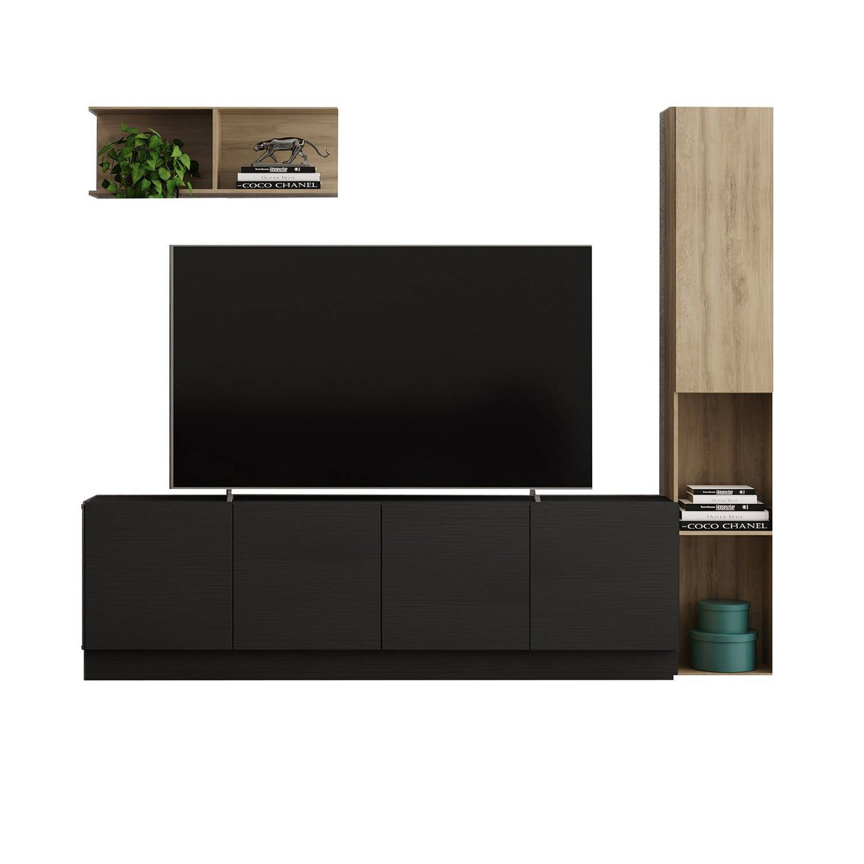 Mesa para TV Noce y Negro 47x9cm Para TV Hasta 70 Pulgadas con Cuatro Cajones - Muebles de TV | Bylmo