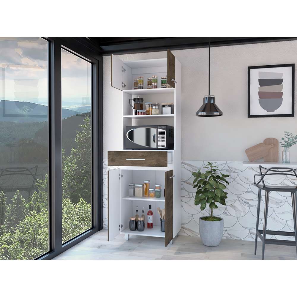 Mueble Microondas Luna Blanco y Bellota 62.1x201.5cm con Un Cajón y con Cuatro Puertas - Muebles Organizadores | Bylmo