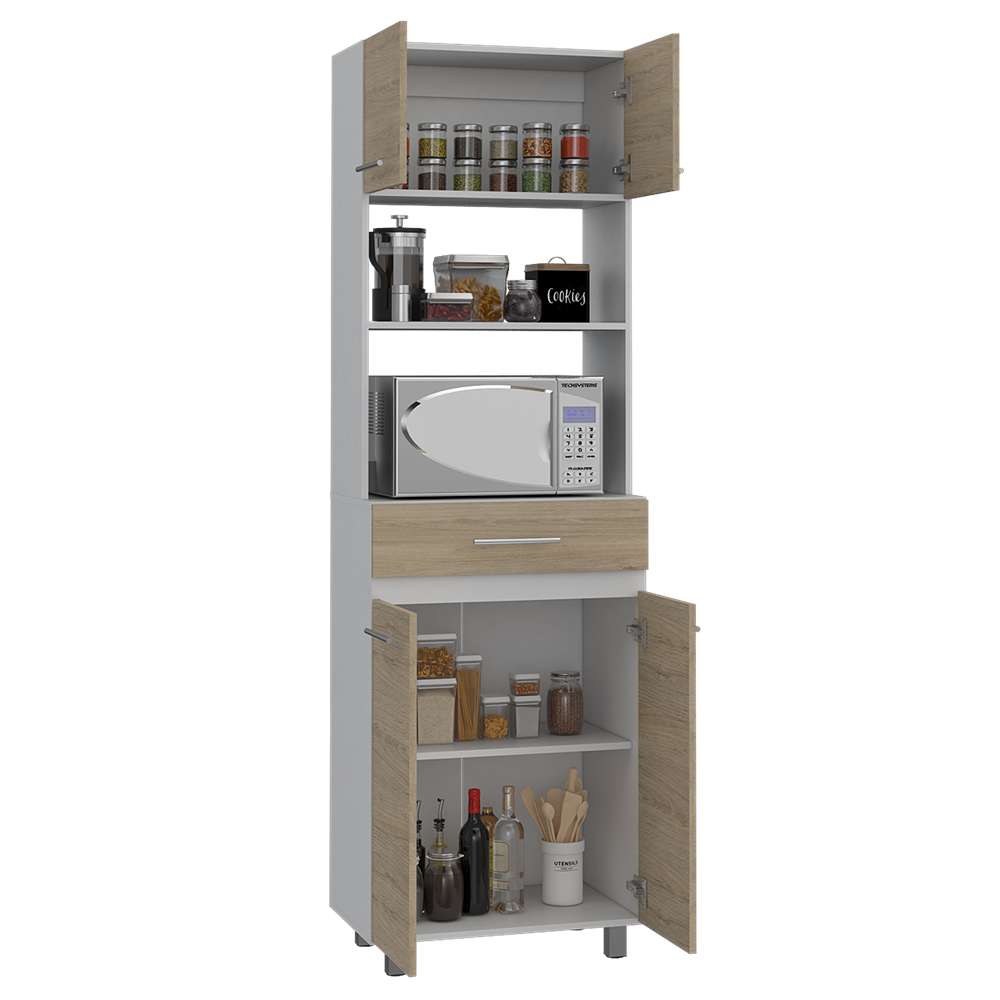 Mueble Microondas Luna Rovere y Blanco 62 cm con Cuatro Puertas, Entrepaño y Un Cajón - Muebles Organizadores | Bylmo