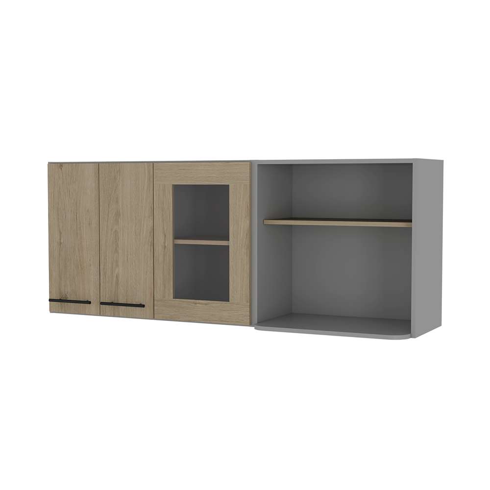 Mueble Superior de Cocina Hasselt Plus Rovere y Gris 150x60cm con Tres Puertas con Locero y con Espacio para Microondas - Cocinas | Bylmo