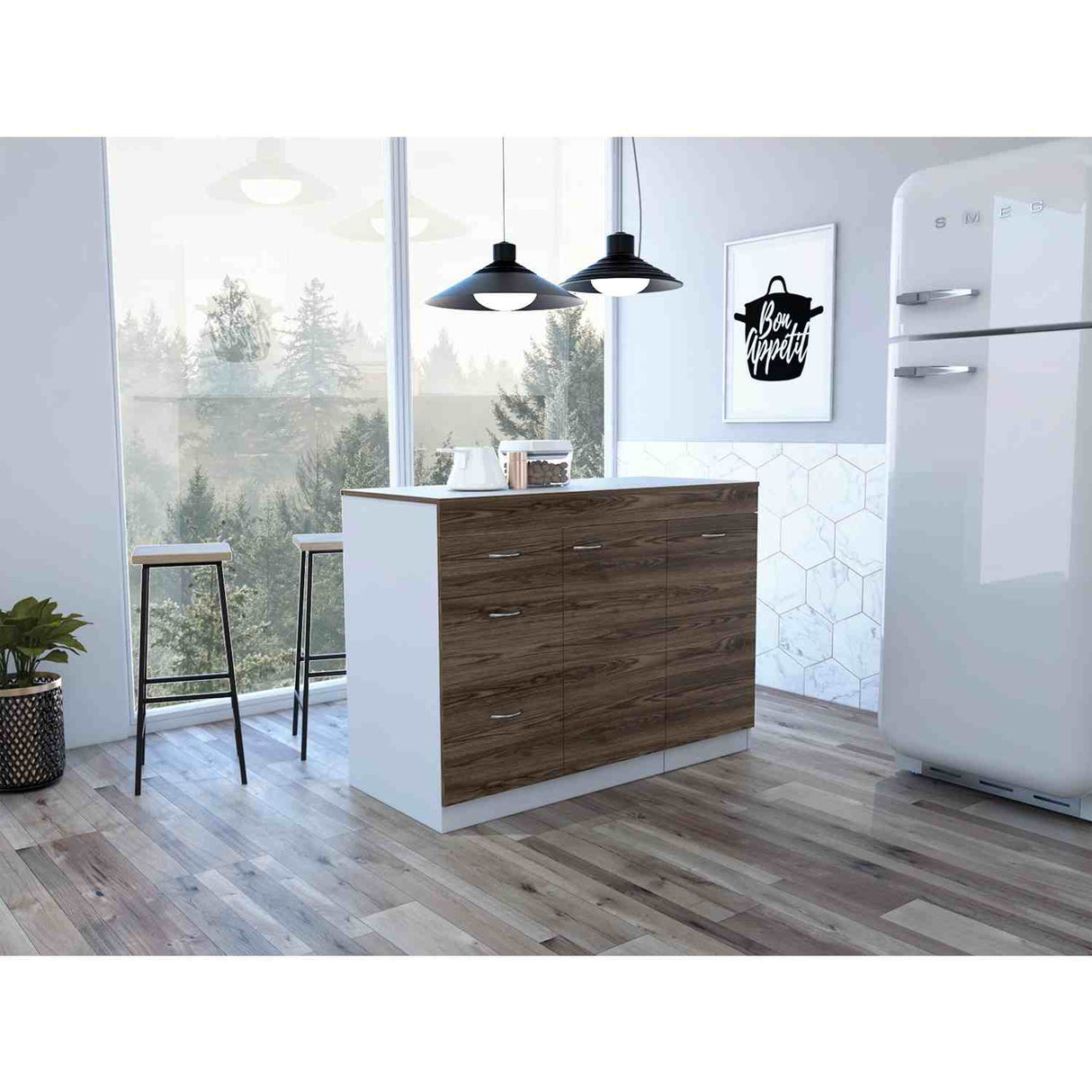 Mueble Auxiliar de Cocina Grecia Coñac 116 cm con Tres Cajones, un Cajón Grande y un Cajón Móvil - Barras y Muebles Auxiliares | Bylmo