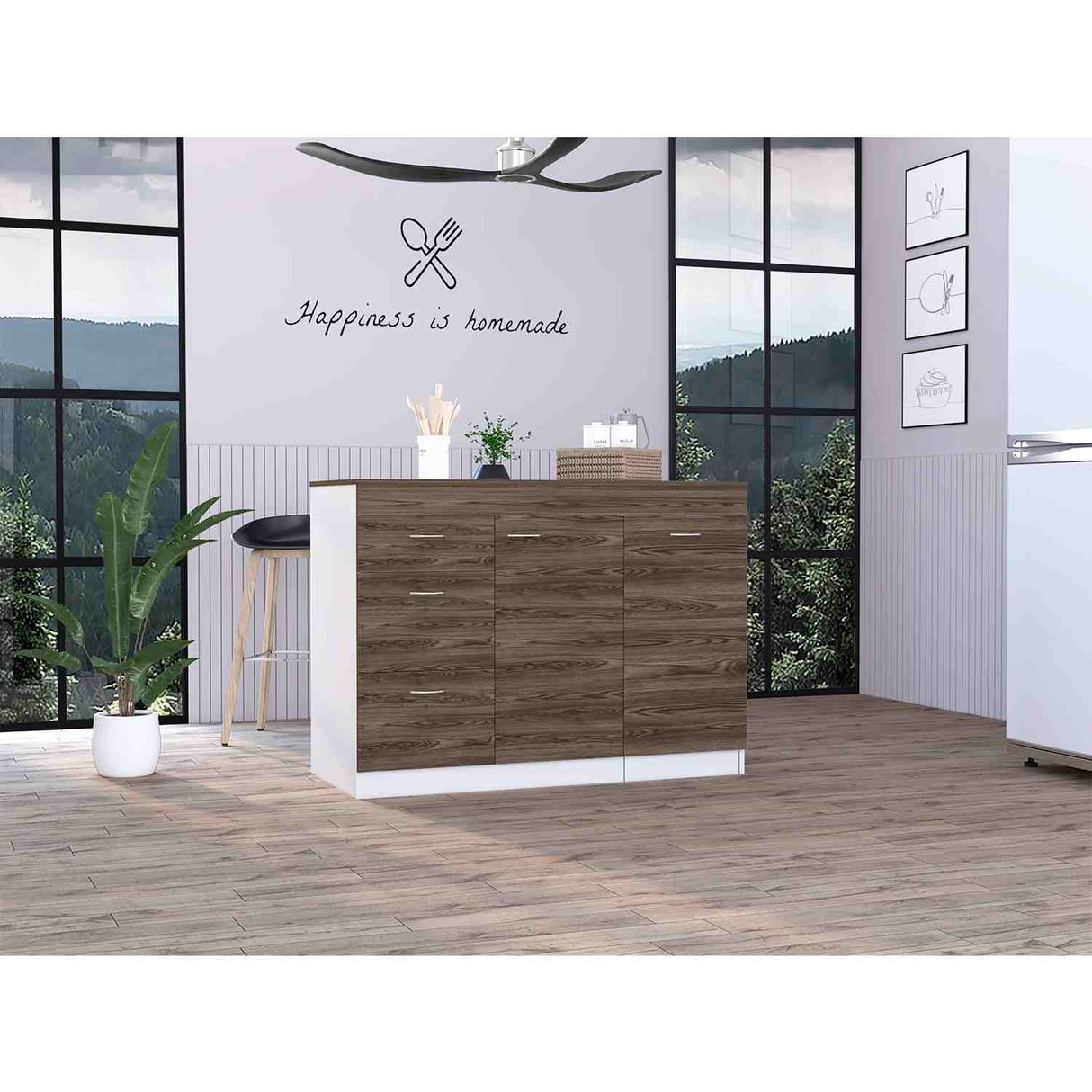 Mueble Auxiliar de Cocina Grecia Coñac 116 cm con Tres Cajones, un Cajón Grande y un Cajón Móvil - Barras y Muebles Auxiliares | Bylmo