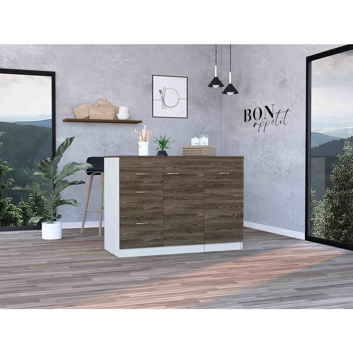 Mueble Auxiliar de Cocina Grecia Coñac 116 cm con Tres Cajones, un Cajón Grande y un Cajón Móvil - Barras y Muebles Auxiliares | Bylmo
