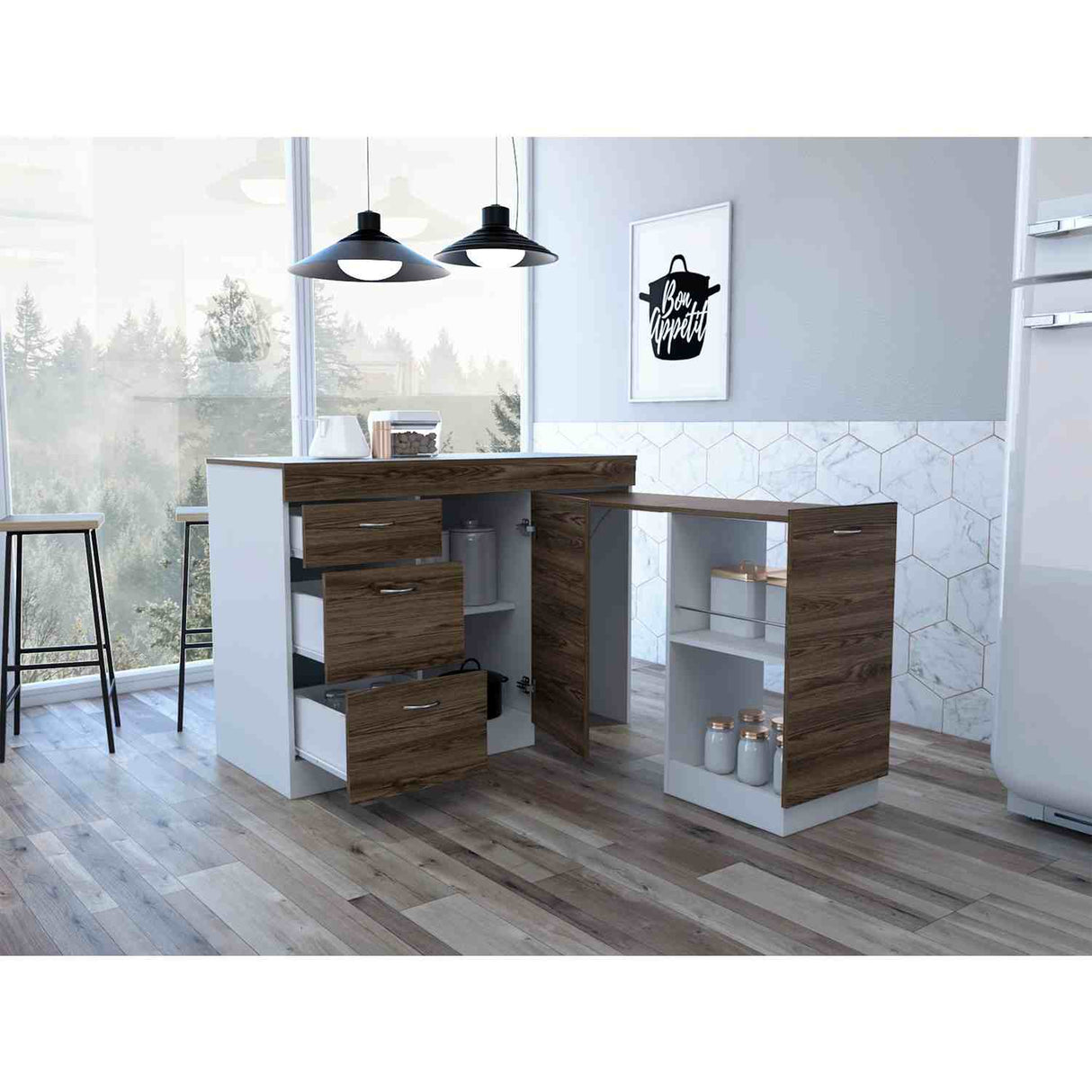 Mueble Auxiliar de Cocina Grecia Coñac 116 cm con Tres Cajones, un Cajón Grande y un Cajón Móvil - Barras y Muebles Auxiliares | Bylmo