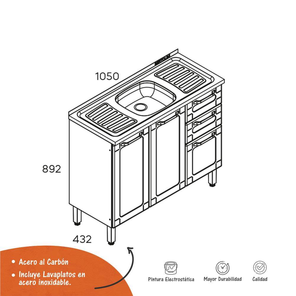 Mueble Inferior Negro 105 cm con Mesón - Cocinas | Bylmo
