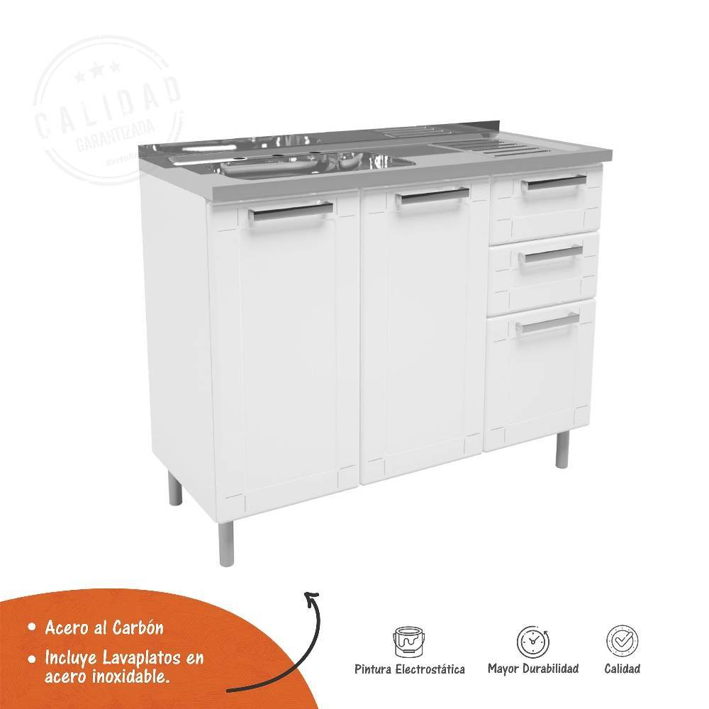 Mueble Inferior Blanco 105x85.3cm con Mesón de Acero Al Carbon y con Pozuelo Lado Izquierdo - Cocinas | Bylmo