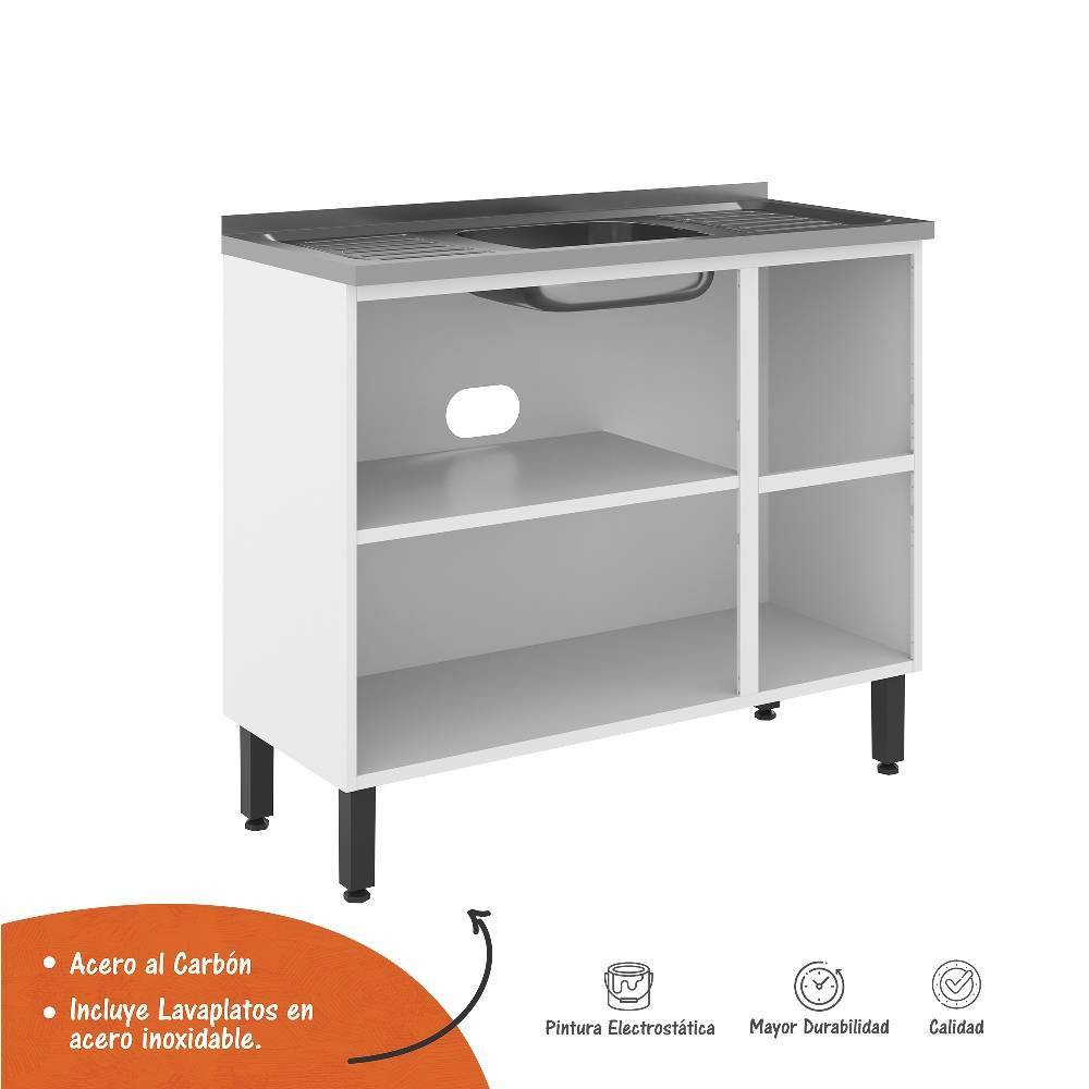 Mueble Inferior Blanco 105x85.3cm con Mesón de Acero Al Carbon y con Pozuelo Lado Izquierdo - Cocinas | Bylmo