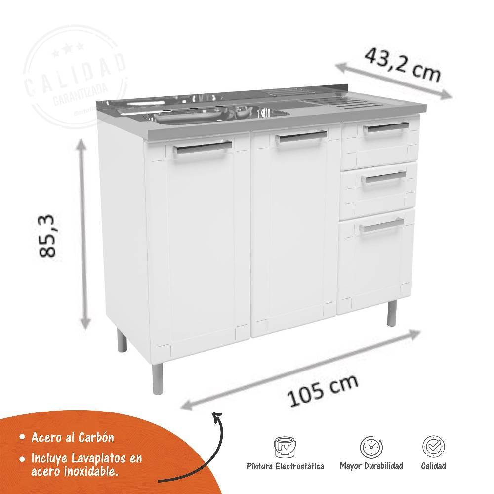 Mueble Inferior Blanco 105x85.3cm con Mesón de Acero Al Carbon y con Pozuelo Lado Izquierdo - Cocinas | Bylmo