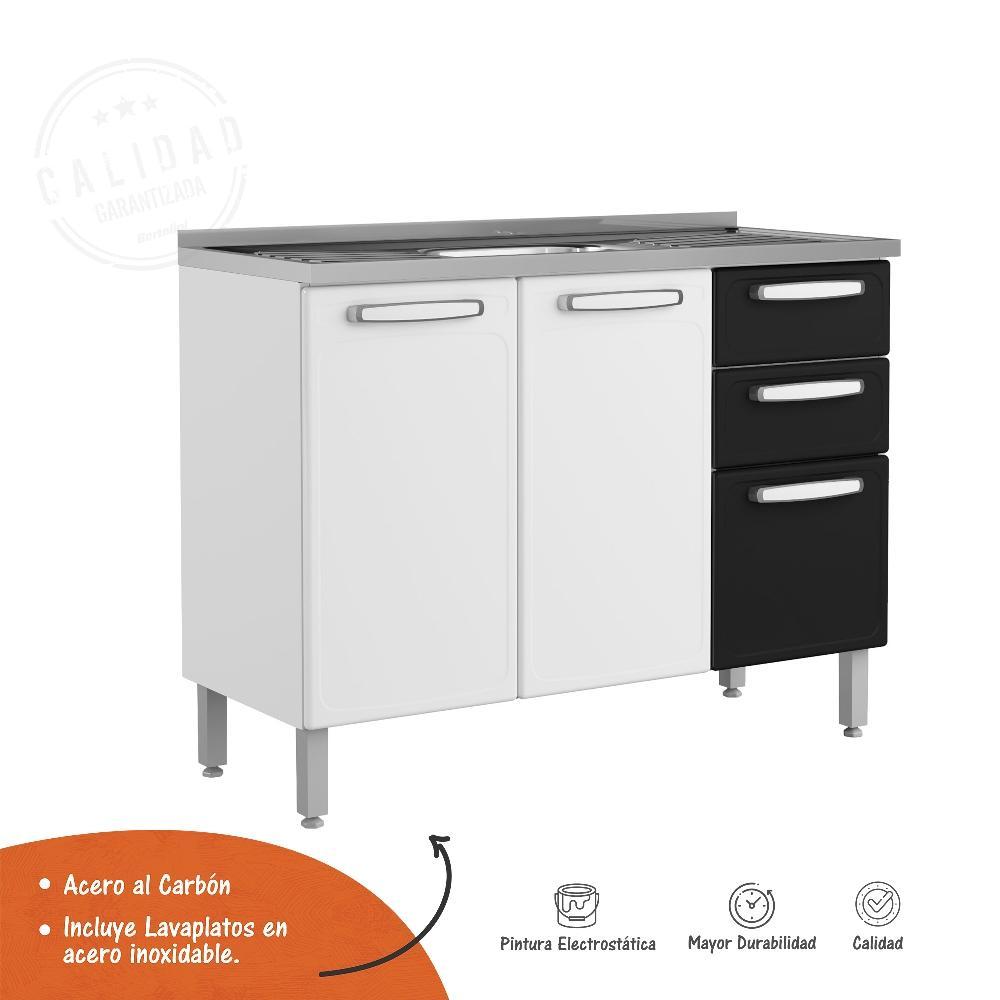 Mueble Inferior Blanco y Negro 120x89cm con Mesón de Acero Al Carbon y con Pozuelo Lado Centro - Cocinas | Bylmo