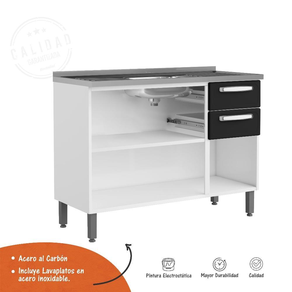Mueble Inferior Blanco y Negro 120x89cm con Mesón de Acero Al Carbon y con Pozuelo Lado Centro - Cocinas | Bylmo