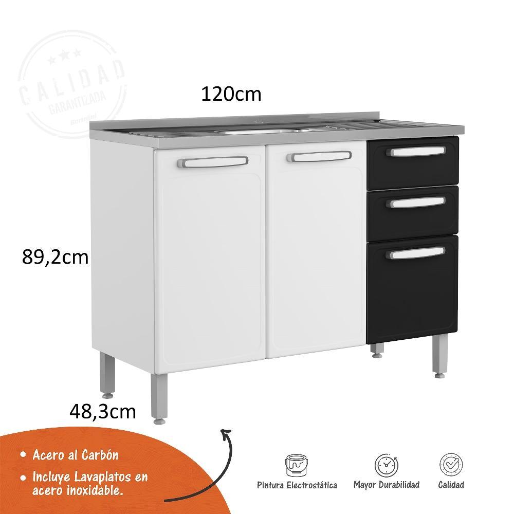 Mueble Inferior Blanco y Negro 120x89cm con Mesón de Acero Al Carbon y con Pozuelo Lado Centro - Cocinas | Bylmo