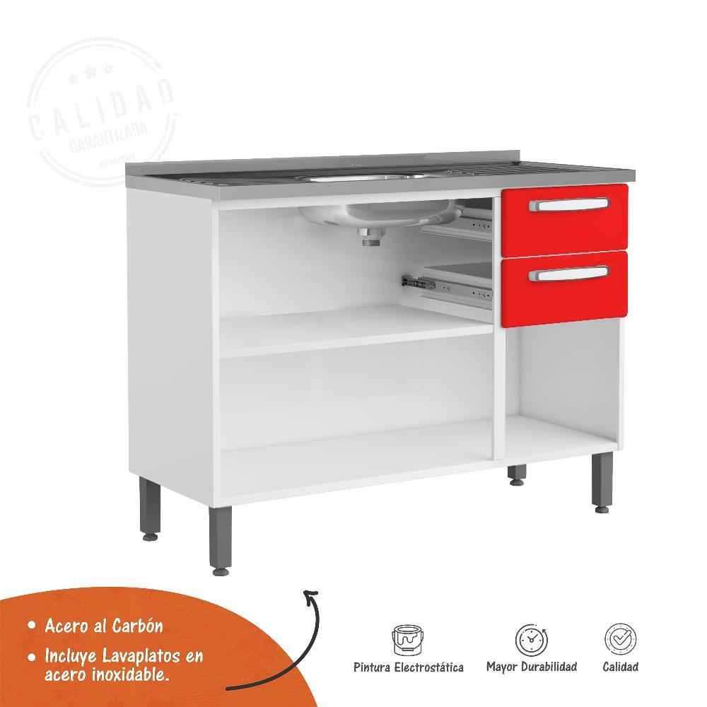 Mueble Inferior de Cocina Rojo 120x48cm con Dos Cajones y con Mesón Derecho de Acero Al Carbon - Cocinas | Bylmo